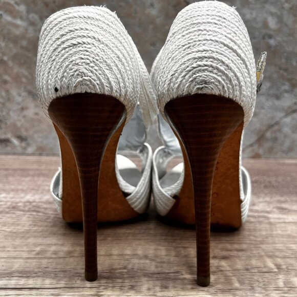 Report Signature Heels Women Sz 7.5 White Leather Dress Platform Raffia Textured - Picture 7 of 10